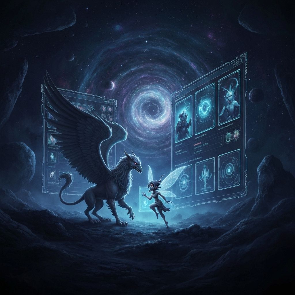 Fantasy sci-fi AI Game Master with fairy and griffin